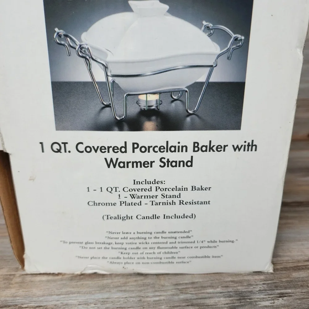 Godinger Silver Art Co 1 QT Covered Porcelain Baker with Warmer Stand 6322